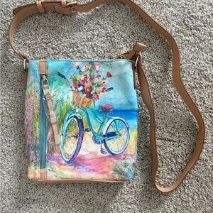 Leona Lovegrove signed crossbody purse with beach and bicycle print